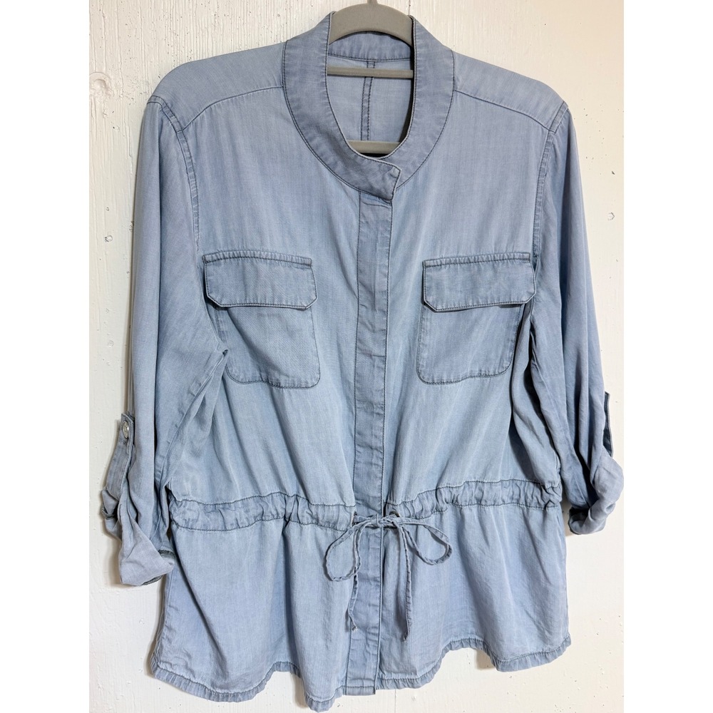 Chico's Utility Jacket Womens 1 Blue Preppy Boho Cinched Waist Roll Tab